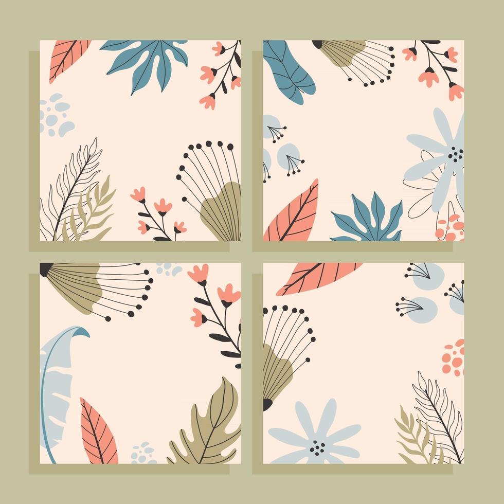 Tropical square cards set with empty space for text, hand drawn illustrations. vector