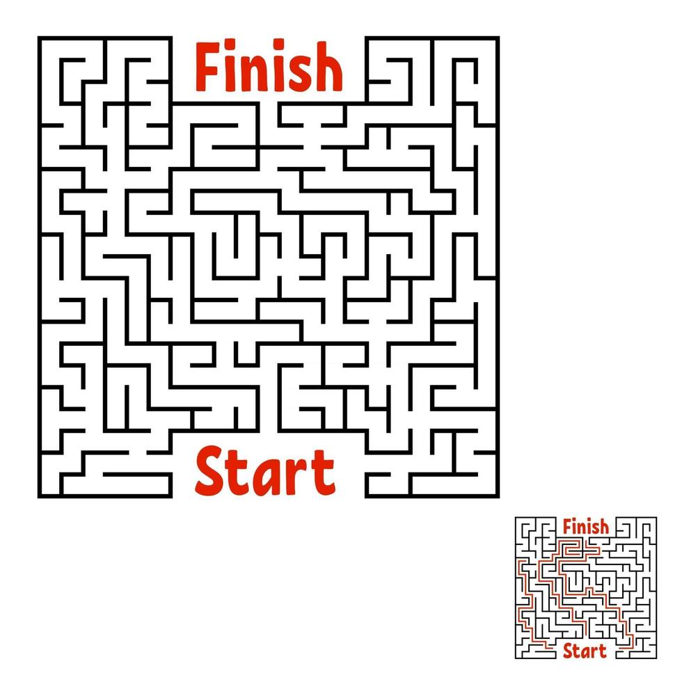 Abstract square maze. Game for kids. Puzzle for children. Labyrinth conundrum. Black flat vector illustration isolated on white background. With answer.