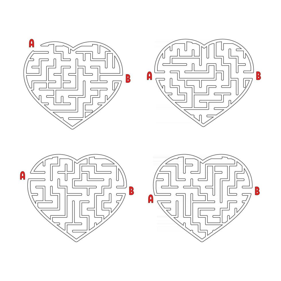 A set of labyrinths of hearts. Game for kids. Puzzle for children. Labyrinth conundrum. Flat vector illustration isolated on white background.