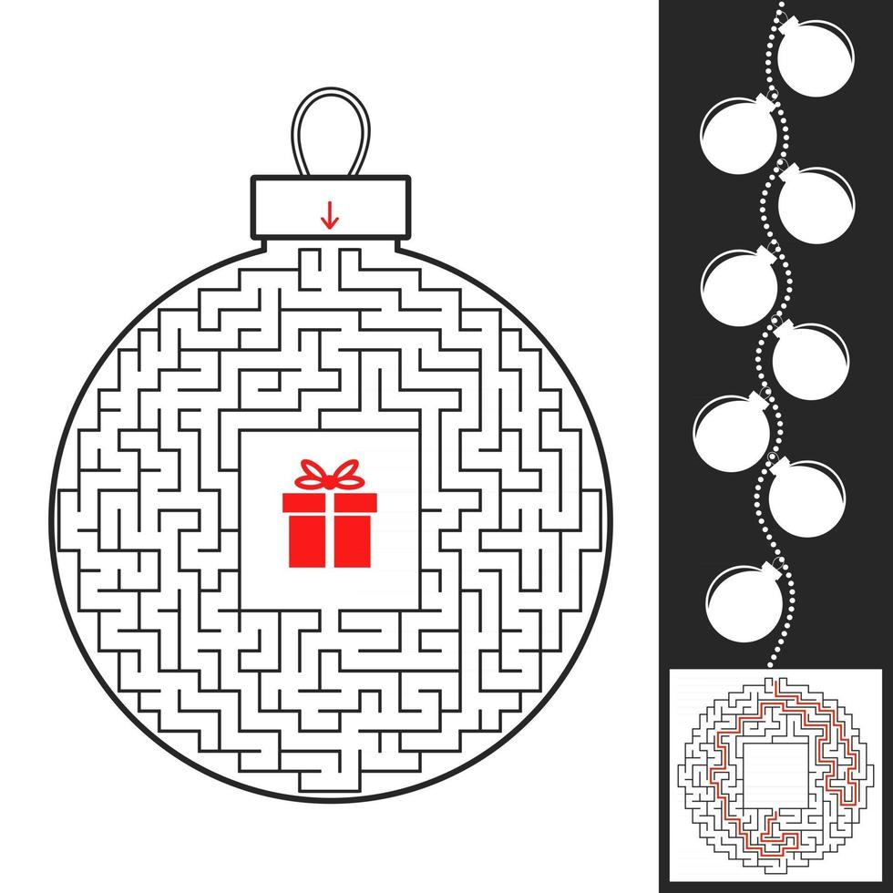 Maze Christmas toy. Game for kids. Puzzle for children. Find the path to the gift. Labyrinth conundrum. Flat vector illustration isolated on white background. With the answer.