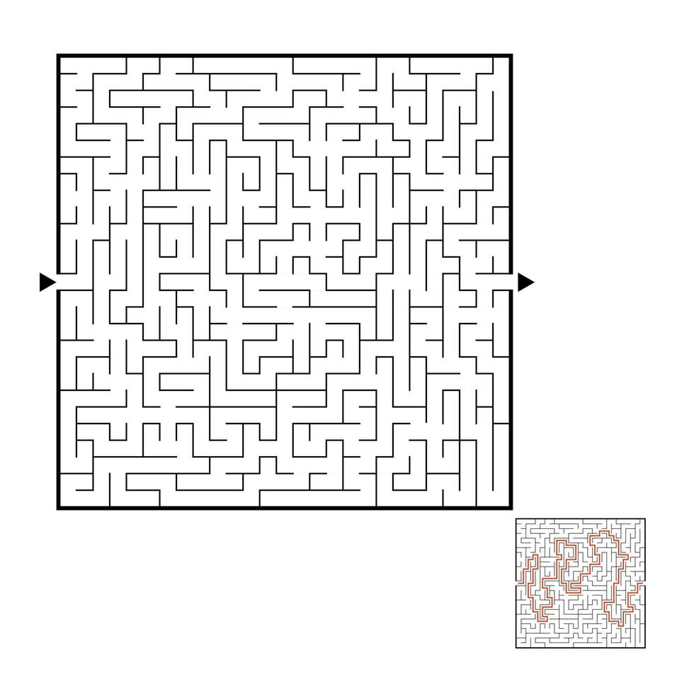 Abstract square maze. Game for kids. Puzzle for children. Labyrinth conundrum. Black flat vector illustration isolated on white background. With answer.