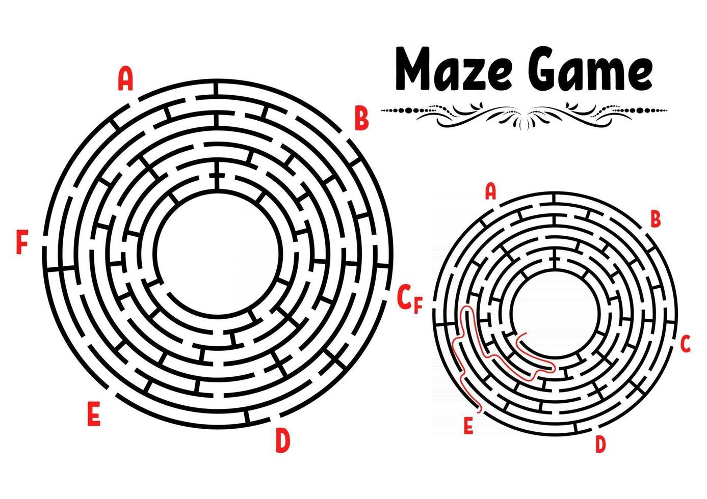 Abstract round maze. Game for kids. Puzzle for children. Labyrinth conundrum. Flat vector illustration isolated on white background. With answer. Vintage style