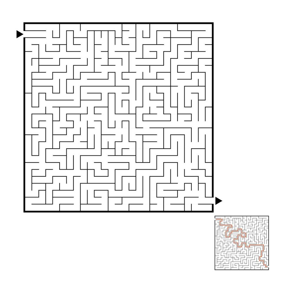 Abstract square maze. Game for kids. Puzzle for children. Labyrinth conundrum. Black flat vector illustration isolated on white background. With answer.