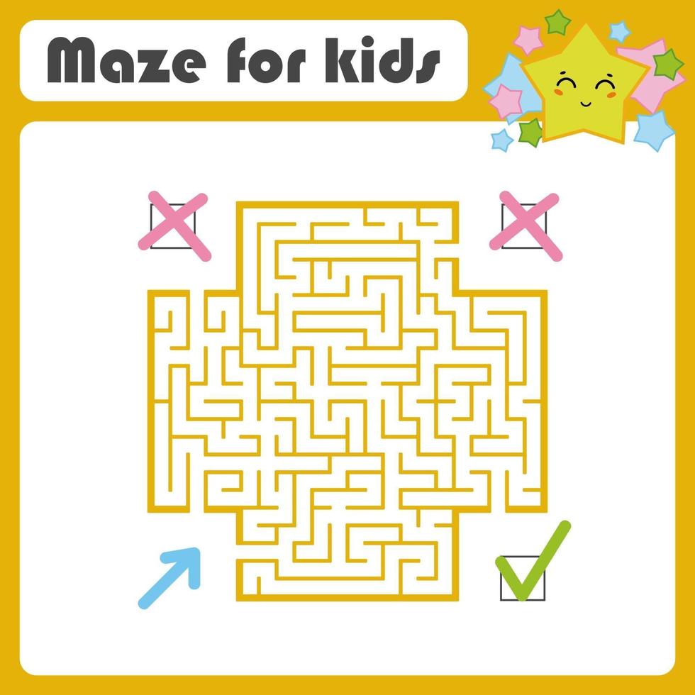 Square color maze. Kids worksheets. Activity page. Game puzzle. Find the right path from the blue arrow to the green check mark. Cute cartoon star. Vector illustration. With place for your image.