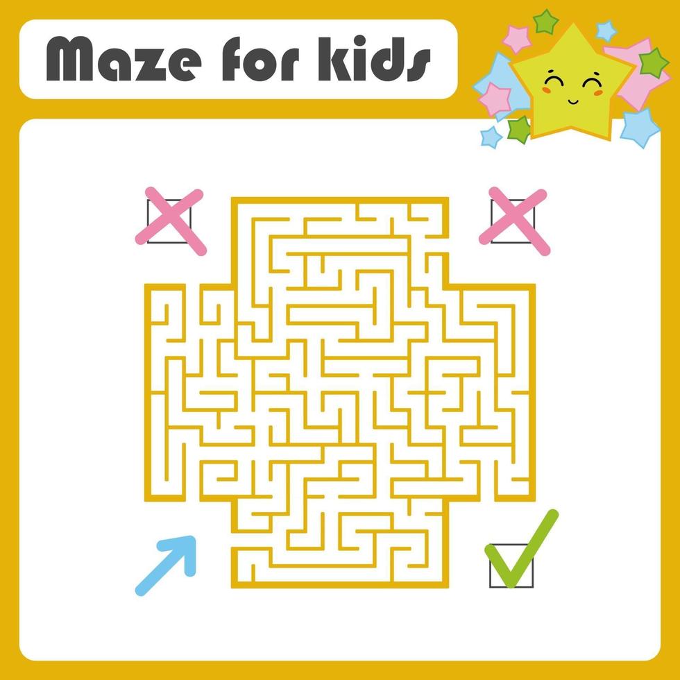 Square color maze. Kids worksheets. Activity page. Game puzzle. Find the right path from the blue arrow to the green check mark. Cute cartoon star. Vector illustration. With place for your image.