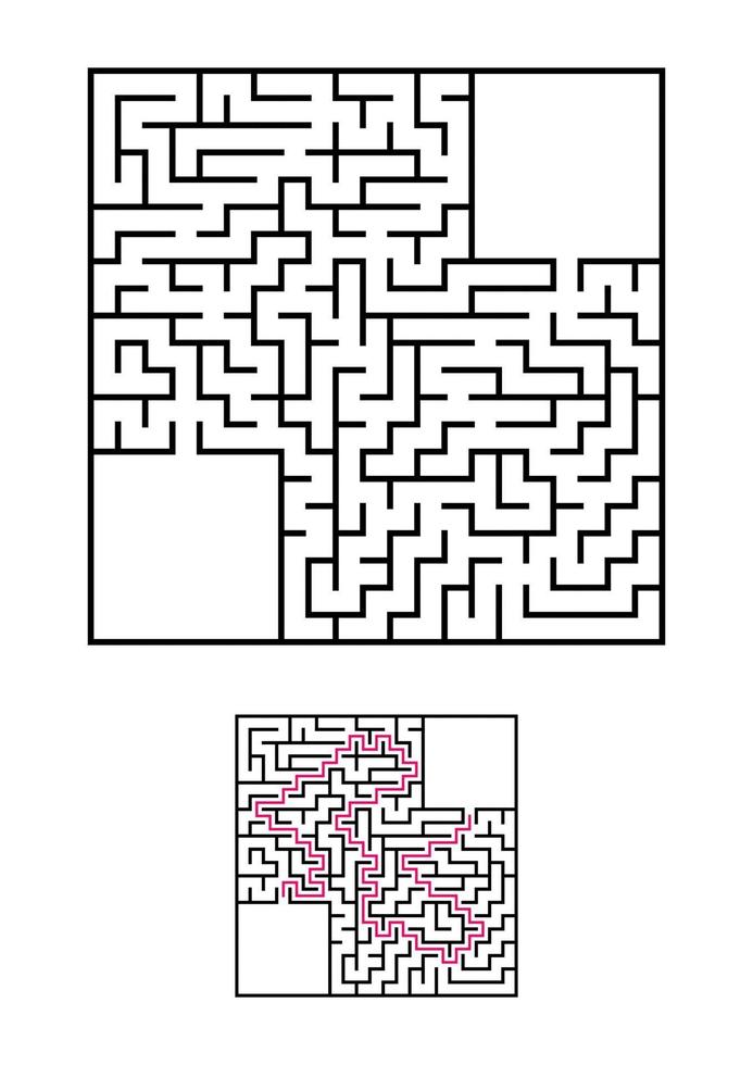 Abstract square maze. Game for kids. Puzzle for children. One entrances, one exit. Labyrinth conundrum. Vector illustration isolated on white background. With answer. With place for your image.