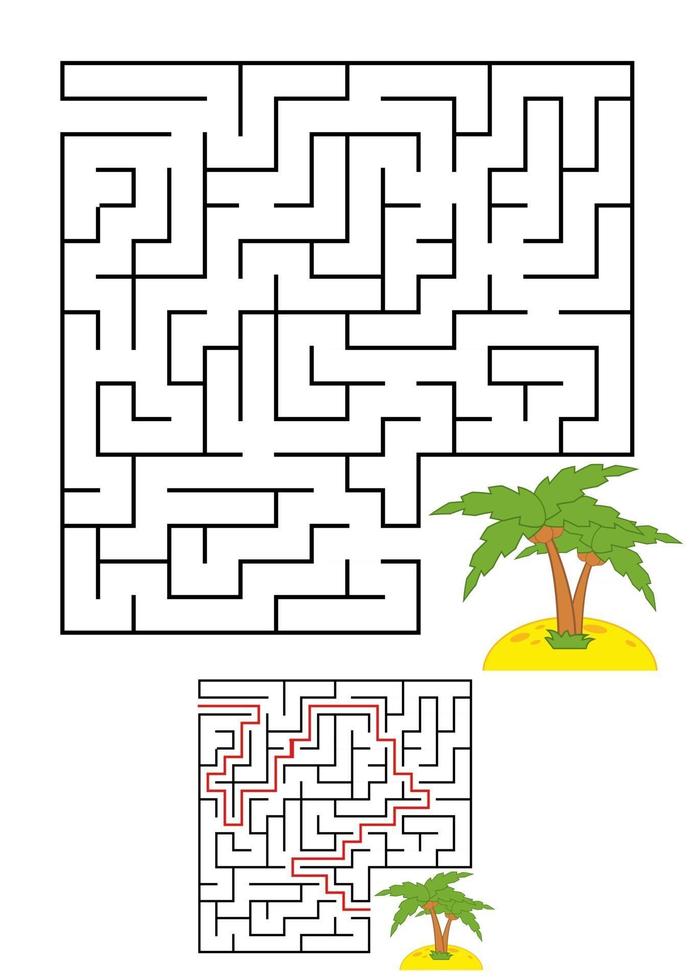 Abstract square maze. Game for kids. Puzzle for children. One entrances, one exit. Labyrinth conundrum. Vector illustration on white background with cartoon picture. With answer.