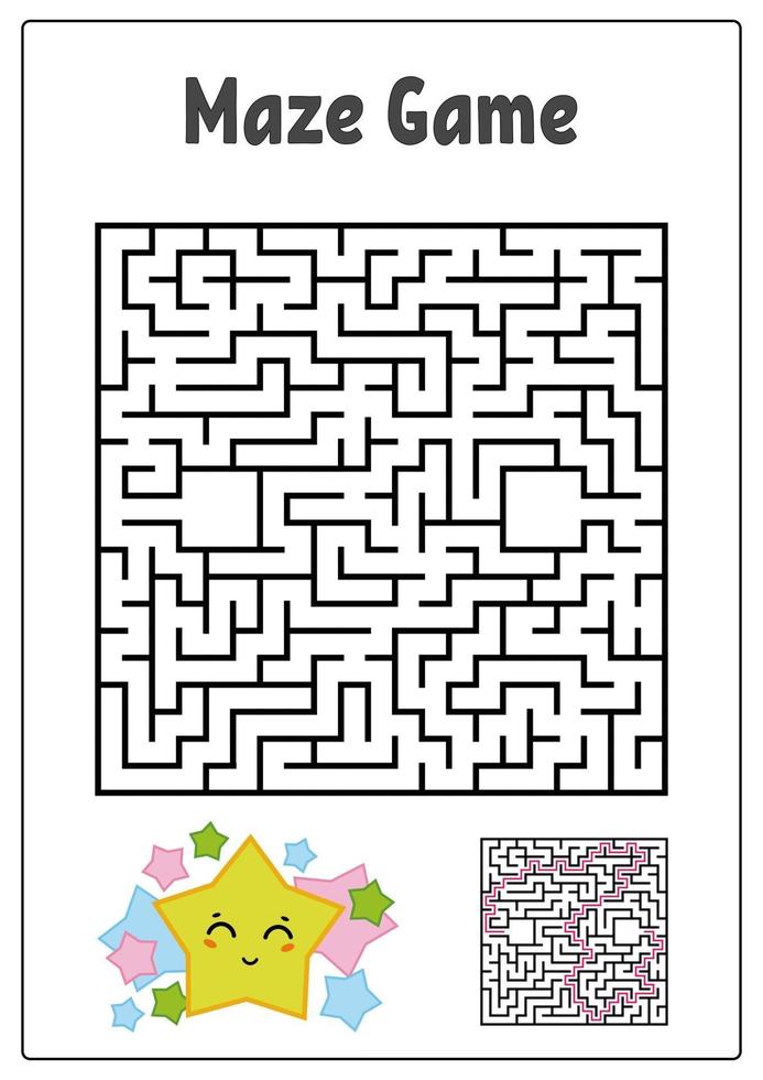 Abstract square maze. Kids worksheets. Game puzzle for children. Funny star and mushroom on a white background. One entrances, one exit. Labyrinth conundrum. Vector illustration. With the answer.