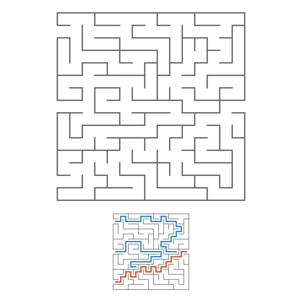 Abstract square maze. Game for kids. Puzzle for children. Labyrinth conundrum. Black flat vector illustration isolated on white background. With answer.