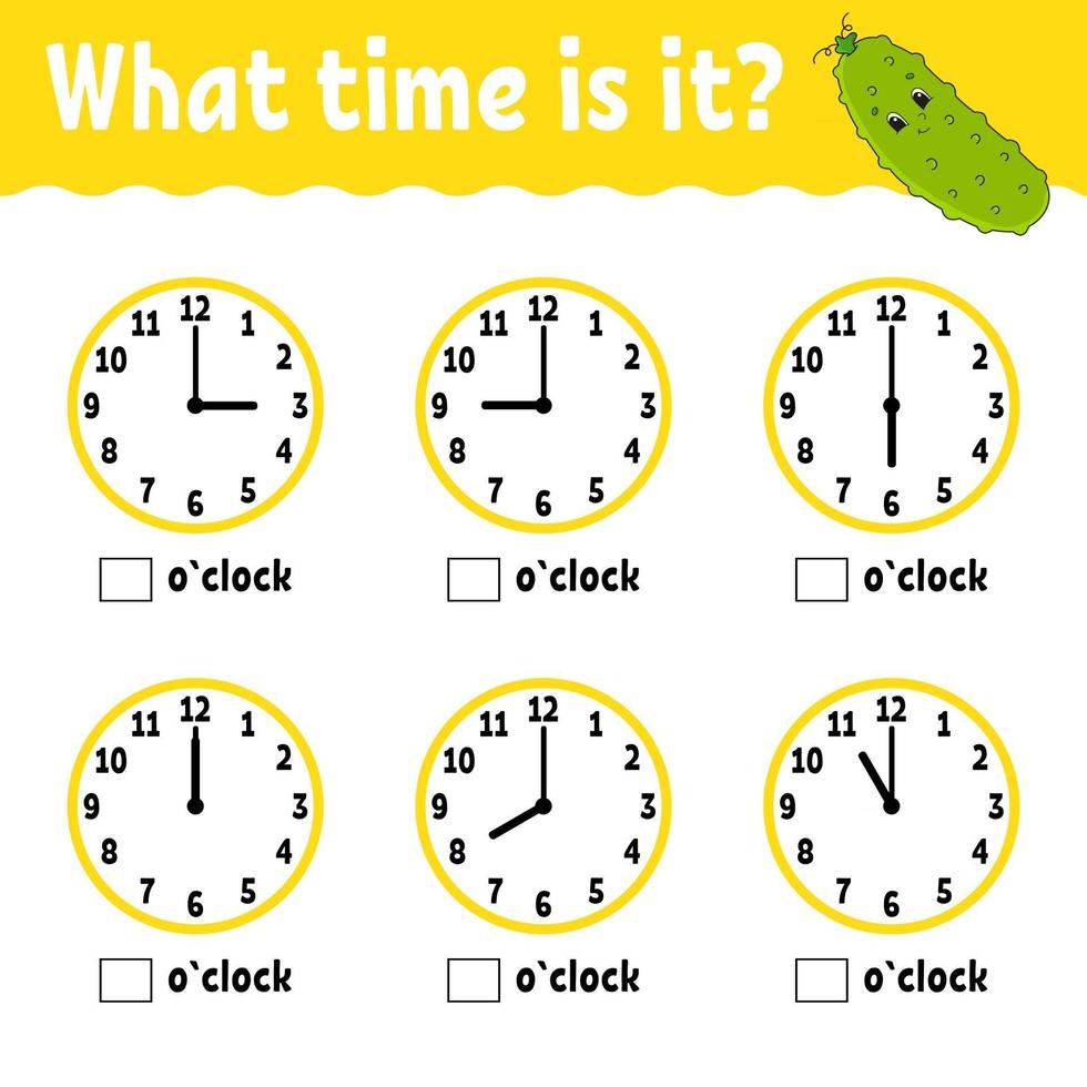 Learning time on the clock. Educational activity worksheet for kids and toddlers. Game for children. Simple flat isolated vector illustration in cute cartoon style.