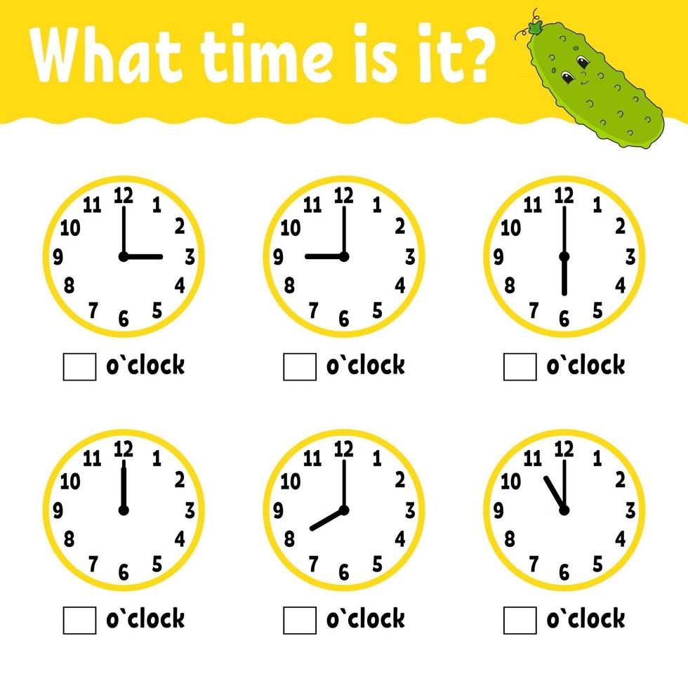 aprender el tiempo en el reloj. hoja de trabajo de actividades educativas para niños y niños pequeños. juego para niños. Ilustración de vector aislado plano simple en estilo de dibujos animados lindo.