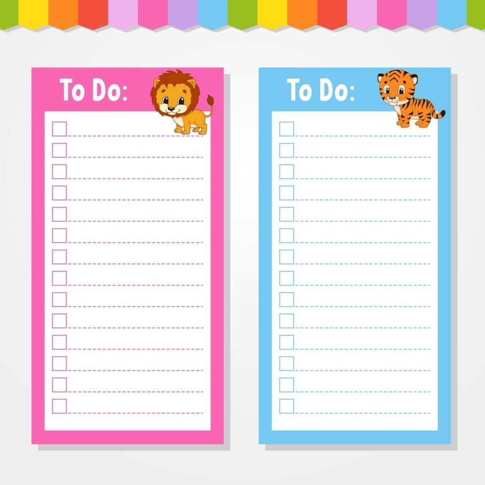 To do list for kids. Empty template. Isolated color vector illustration. Funny character. Cartoon style. For the diary, notebook, bookmark.