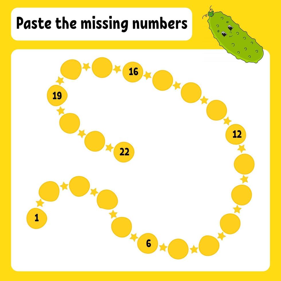 Paste the missing numbers. Handwriting practice. Learning numbers for kids. Education developing worksheet. Activity page. Game for children. Isolated vector illustration in cute cartoon style.