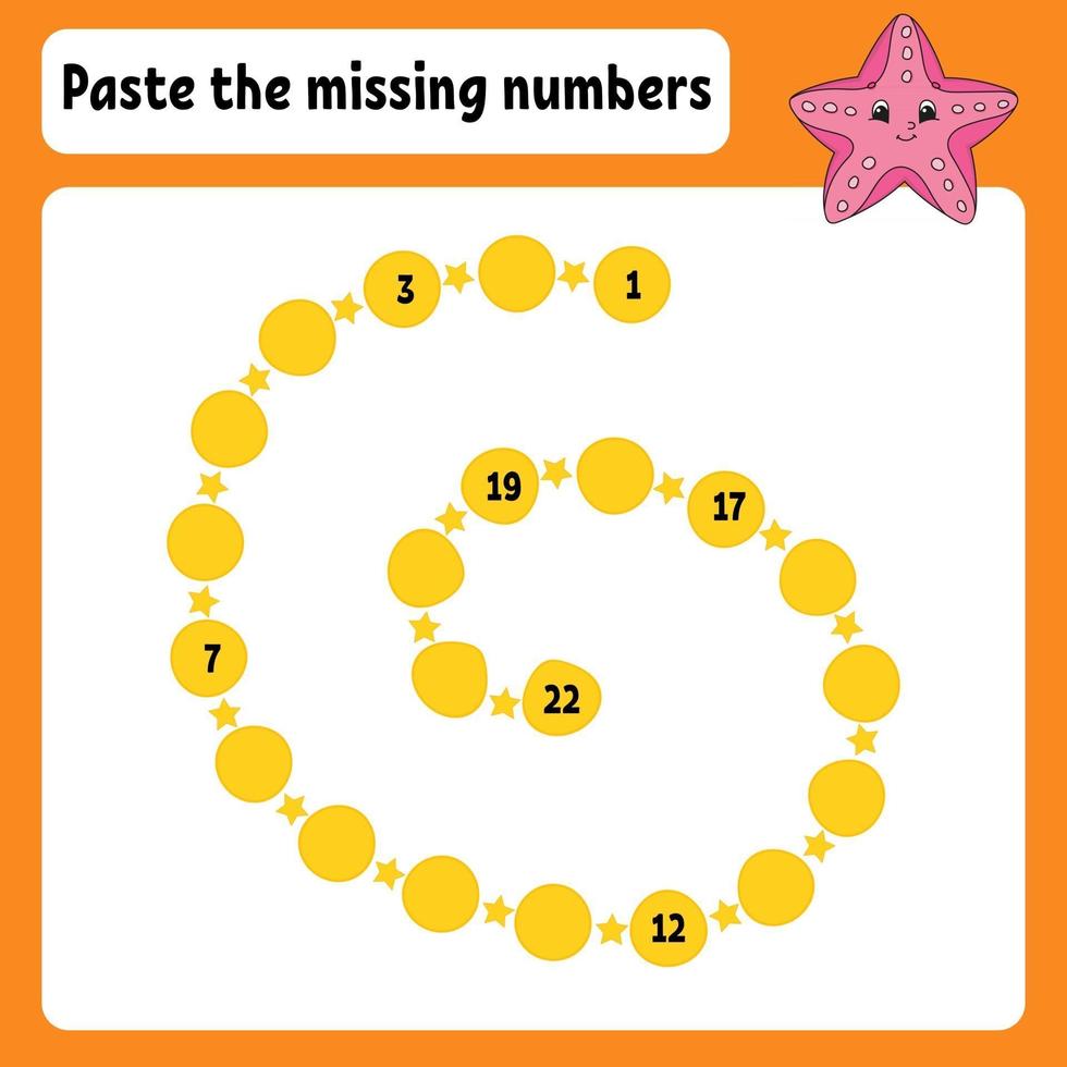 Paste the missing numbers. Handwriting practice. Learning numbers for kids. Education developing worksheet. Activity page. Game for children. Isolated vector illustration in cute cartoon style.