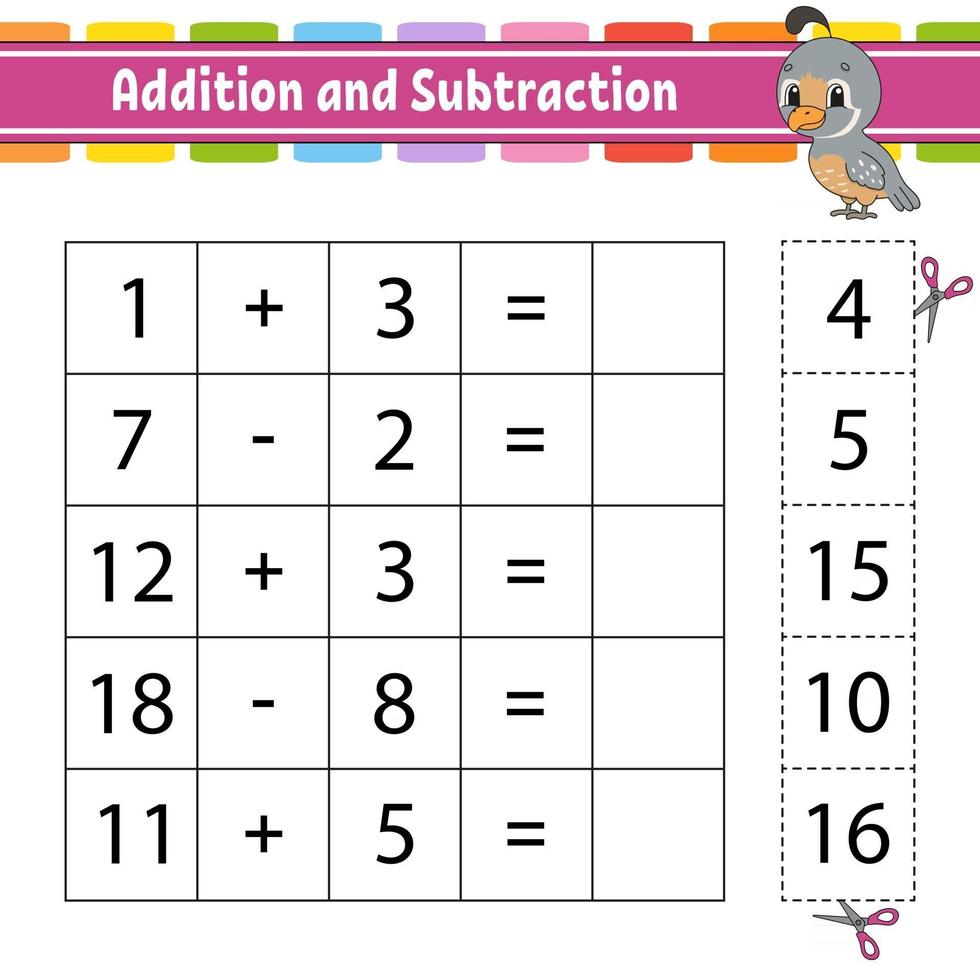 Addition and subtraction. Task for kids. Education developing worksheet. Activity page. Game for children. Funny character. Isolated vector illustration. Cartoon style.