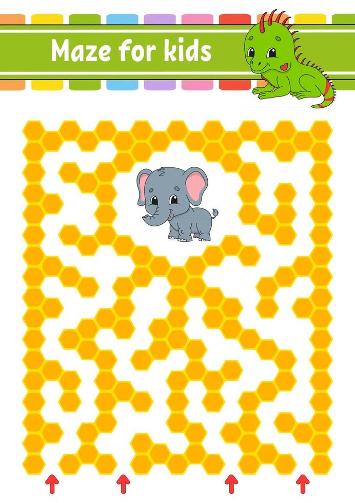 Maze. Game for kids. Funny labyrinth. Education developing worksheet. Activity page. Puzzle for children. Cute cartoon style. Riddle for preschool. Logical conundrum. Color vector illustration.