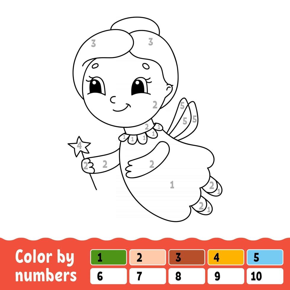 Color by numbers. Coloring book for kids. Cheerful character. Vector illustration. Cute cartoon style. Hand drawn. Fantasy page for children. Isolated on white background.