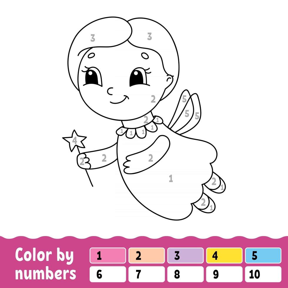 Color by numbers. Coloring book for kids. Cheerful character. Vector illustration. Cute cartoon style. Hand drawn. Fantasy page for children. Isolated on white background.