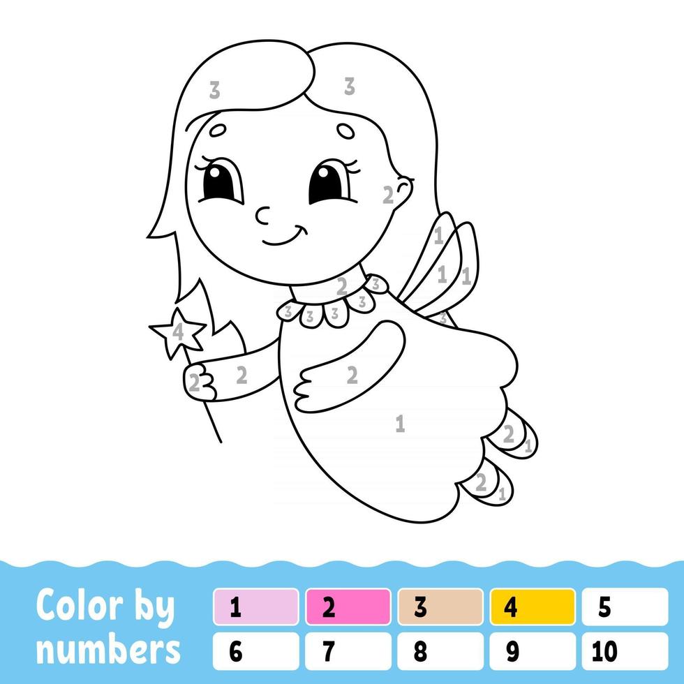 Color by numbers. Coloring book for kids. Cheerful character. Vector illustration. Cute cartoon style. Hand drawn. Fantasy page for children. Isolated on white background.