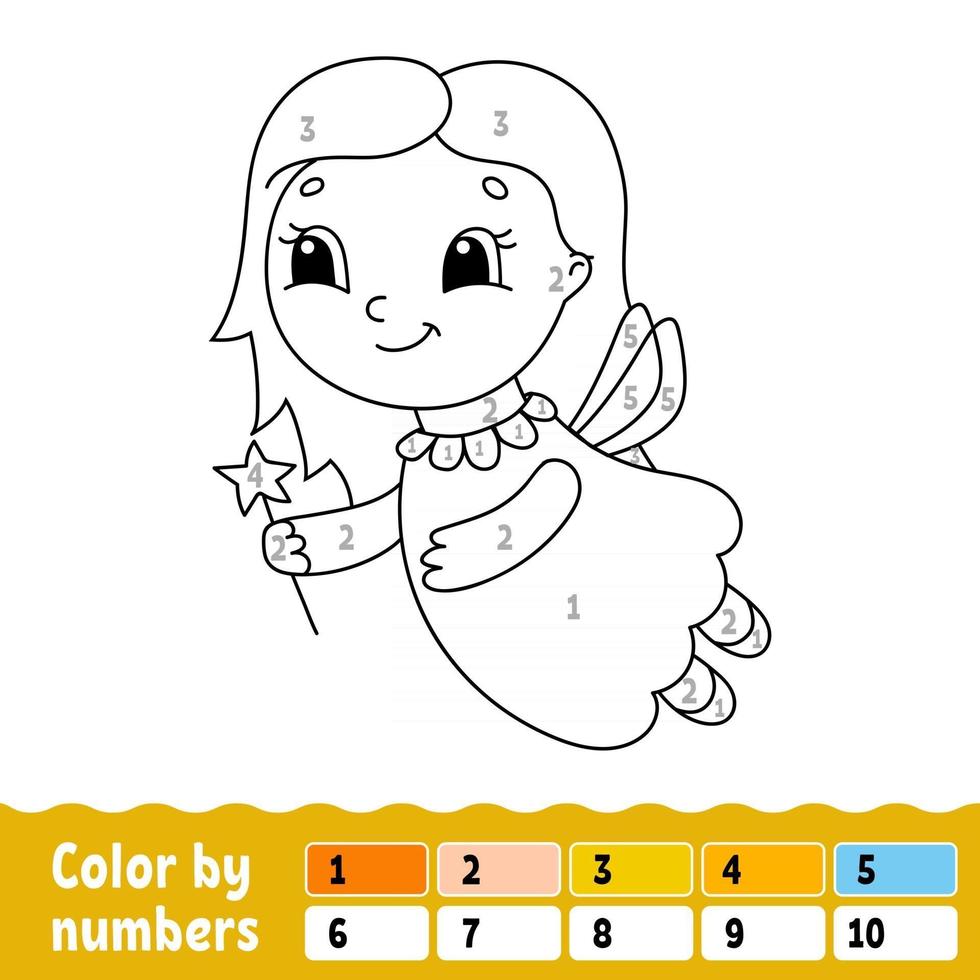 Color by numbers. Coloring book for kids. Cheerful character. Vector illustration. Cute cartoon style. Hand drawn. Fantasy page for children. Isolated on white background.
