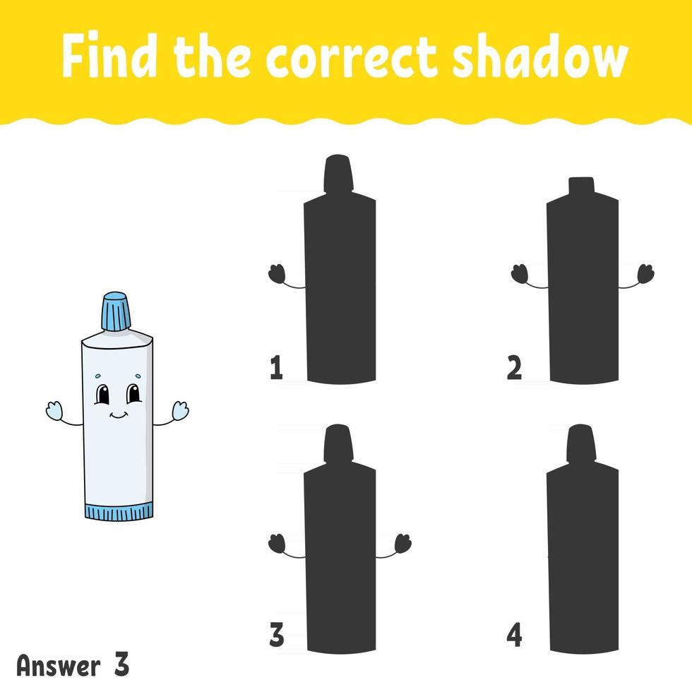 Find the correct shadow. Education developing worksheet. Matching game for kids. Activity page. Puzzle for children. Riddle for preschool. Cute character. Isolated vector illustration. Cartoon style.