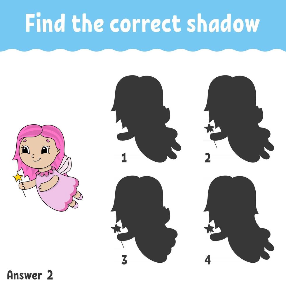 Find the correct shadow. Education developing worksheet. Matching game for kids. Activity page. Puzzle for children. Riddle for preschool. Cute character. Isolated vector illustration. Cartoon style.