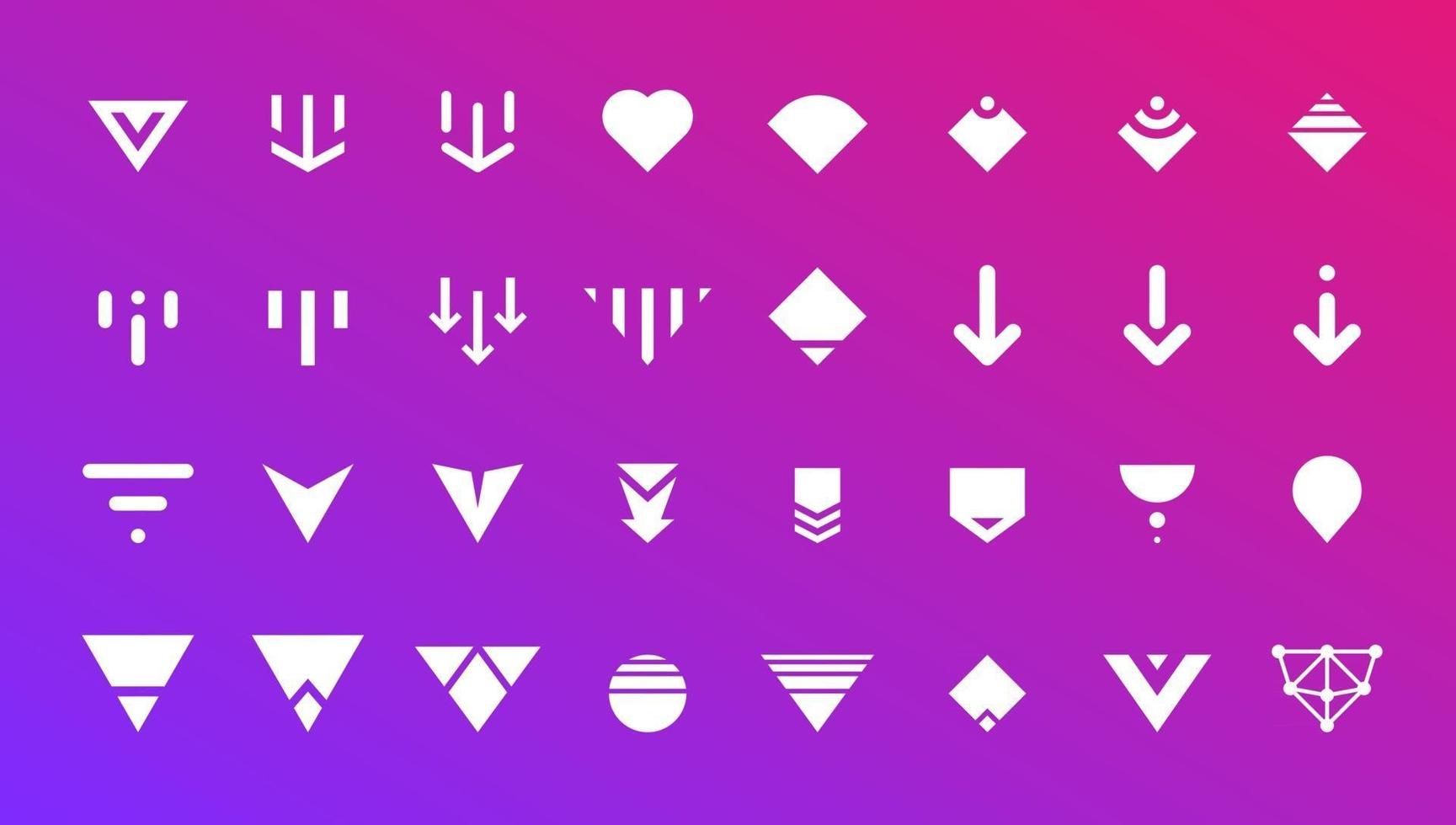 Swipe top down or download icon scroll pictogram set for blogger web ui ux design. Vector white arrow bottom for application and social network website. Simple white button on gradient illustration