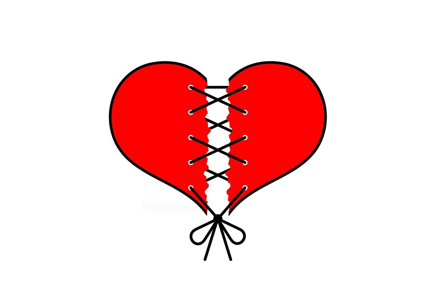 Torn red heart like broken love sewn with black thread on white background. Vector card for Valentine's Day.