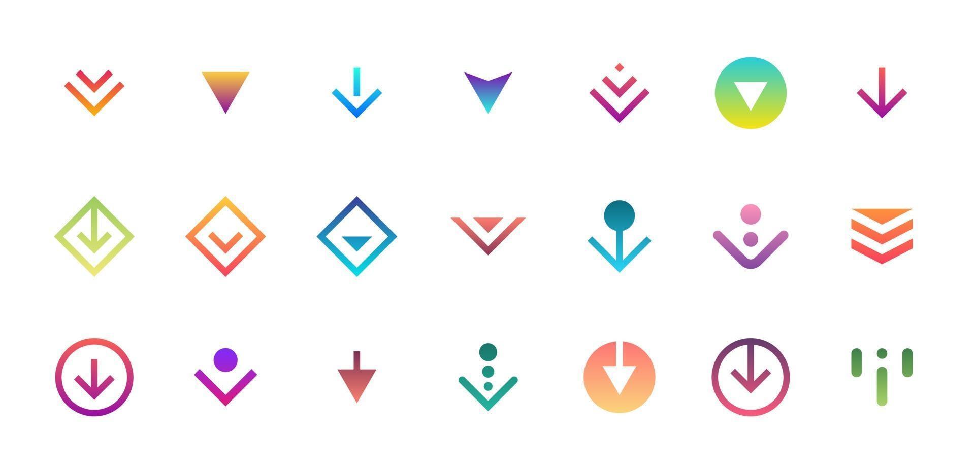 Swipe top down download icon scroll colored pictogram set isolated for blogger ui ux design. Vector colorful arrow bottom for application and social network web site. Gradient button illustration