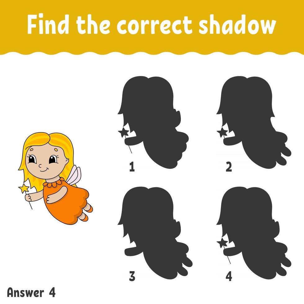 Find the correct shadow. Education developing worksheet. Matching game for kids. Activity page. Puzzle for children. Riddle for preschool. Cute character. Isolated vector illustration. Cartoon style.