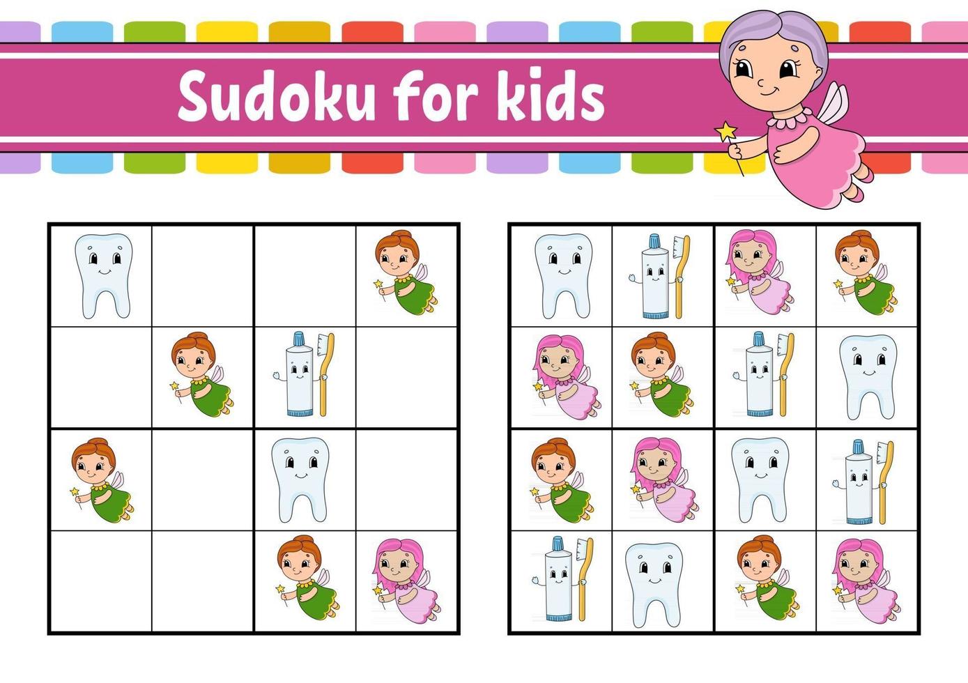 Sudoku for kids. Education developing worksheet. Activity page with pictures. Puzzle game for children. Logical thinking training. Isolated vector illustration. Funny character. Cartoon style.
