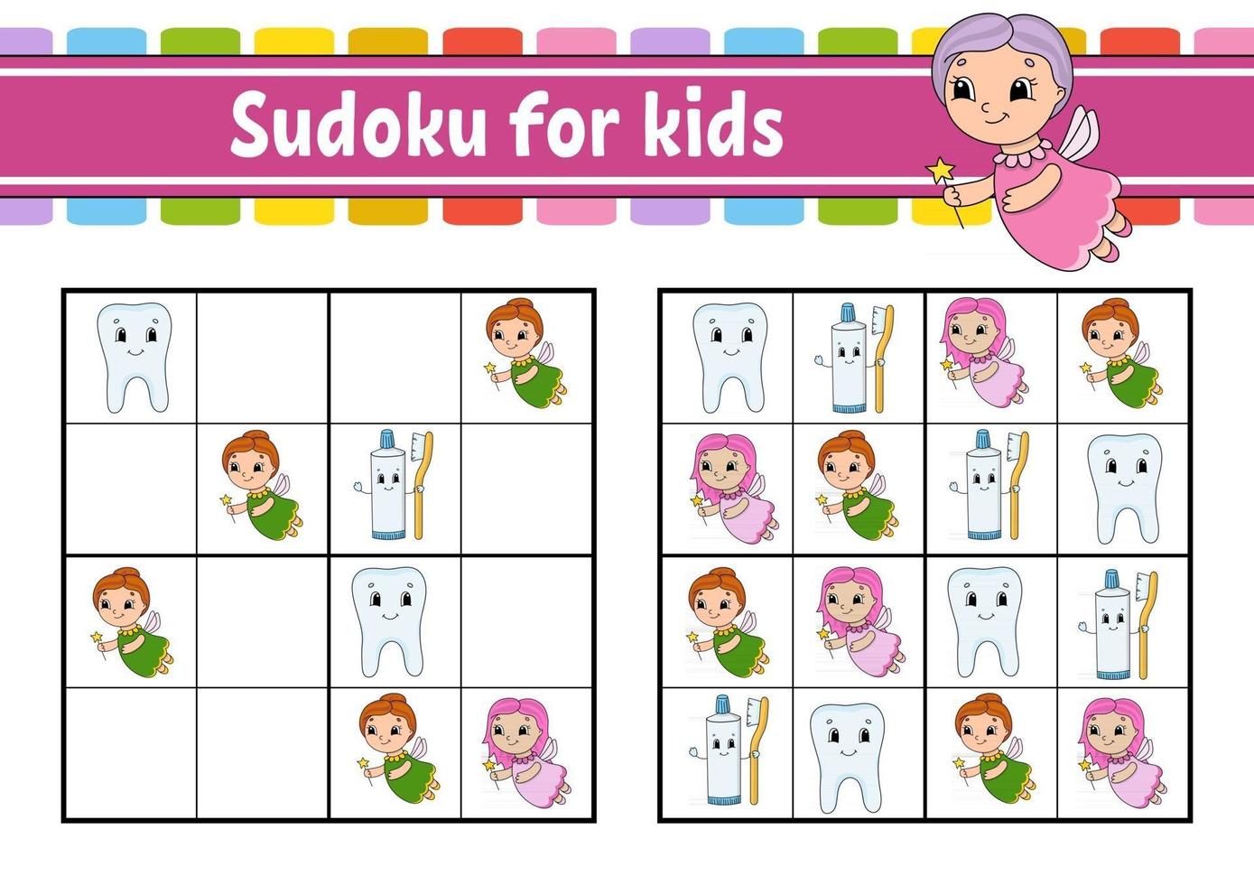 sudoku para niños. hoja de trabajo de desarrollo educativo. página de actividades con imágenes. juego de rompecabezas para niños. entrenamiento del pensamiento lógico. ilustración vectorial aislada. personaje divertido. estilo de dibujos animados. vector