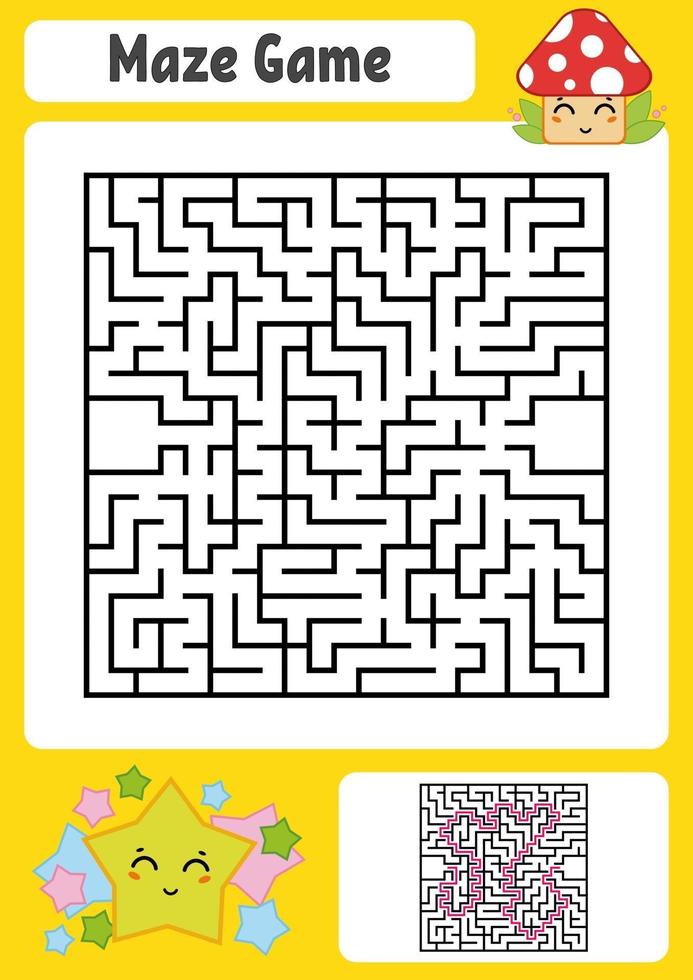 Abstract square maze. Kids worksheets. Game puzzle for children. Cute star and mushroom. One entrances, one exit. Labyrinth conundrum. Vector illustration. With answer.