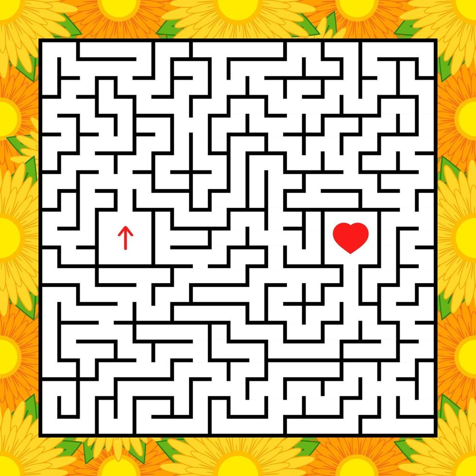 Abstract square maze. An interesting and useful game for children. Find the path from arrow to heart. Simple flat vector illustration isolated on white background. With a bright floral frame.