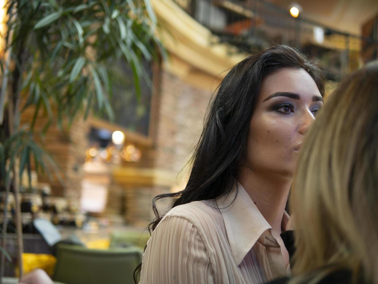 El maquillador hace las paces con la hermosa joven en el interior.Pinturas profesionales labios con lápiz labial. foto