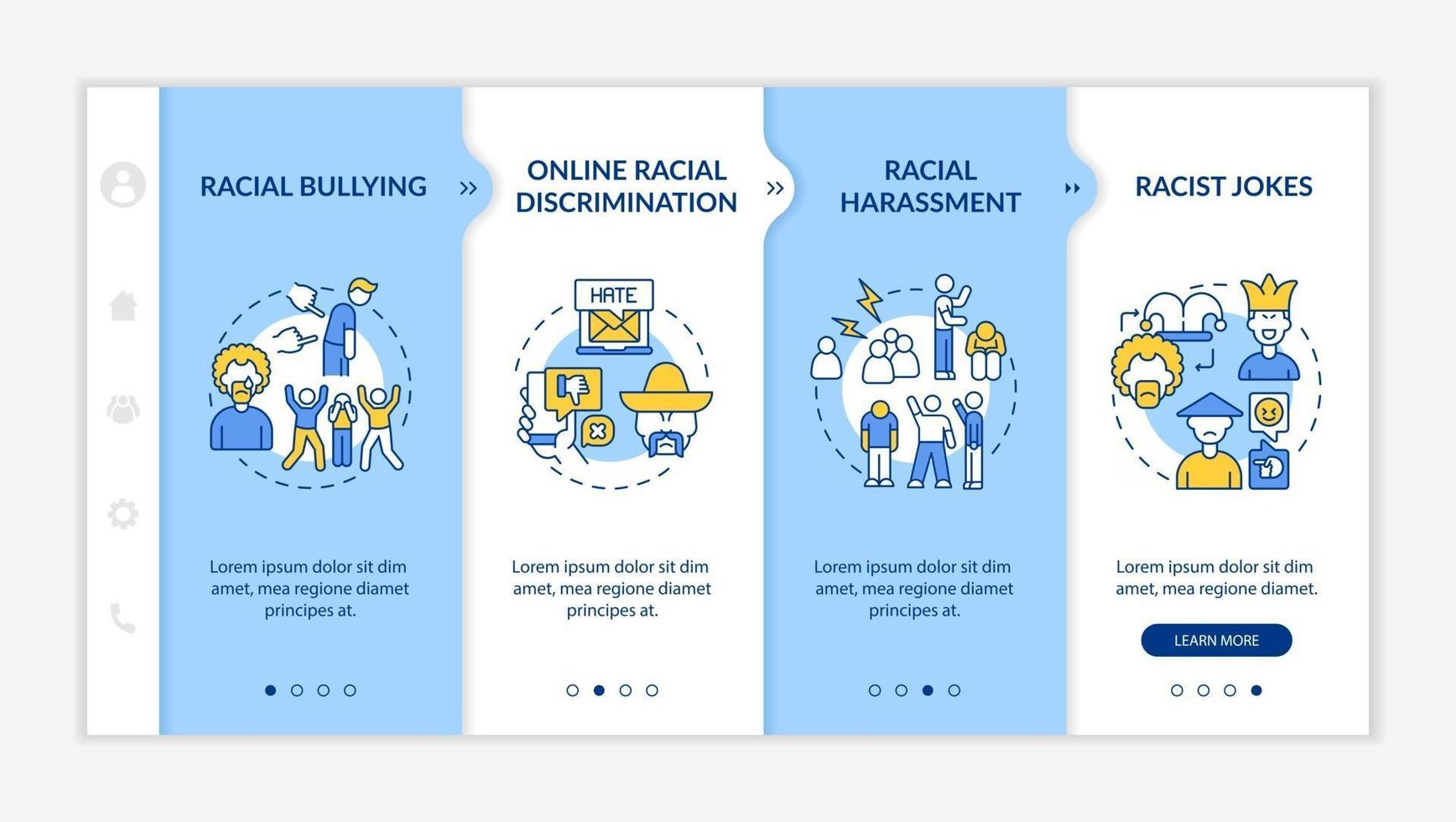 Racism in society onboarding vector template. Responsive mobile website with icons. Web page walkthrough 4 step screens. Online racial discrimination color concept with linear illustrations