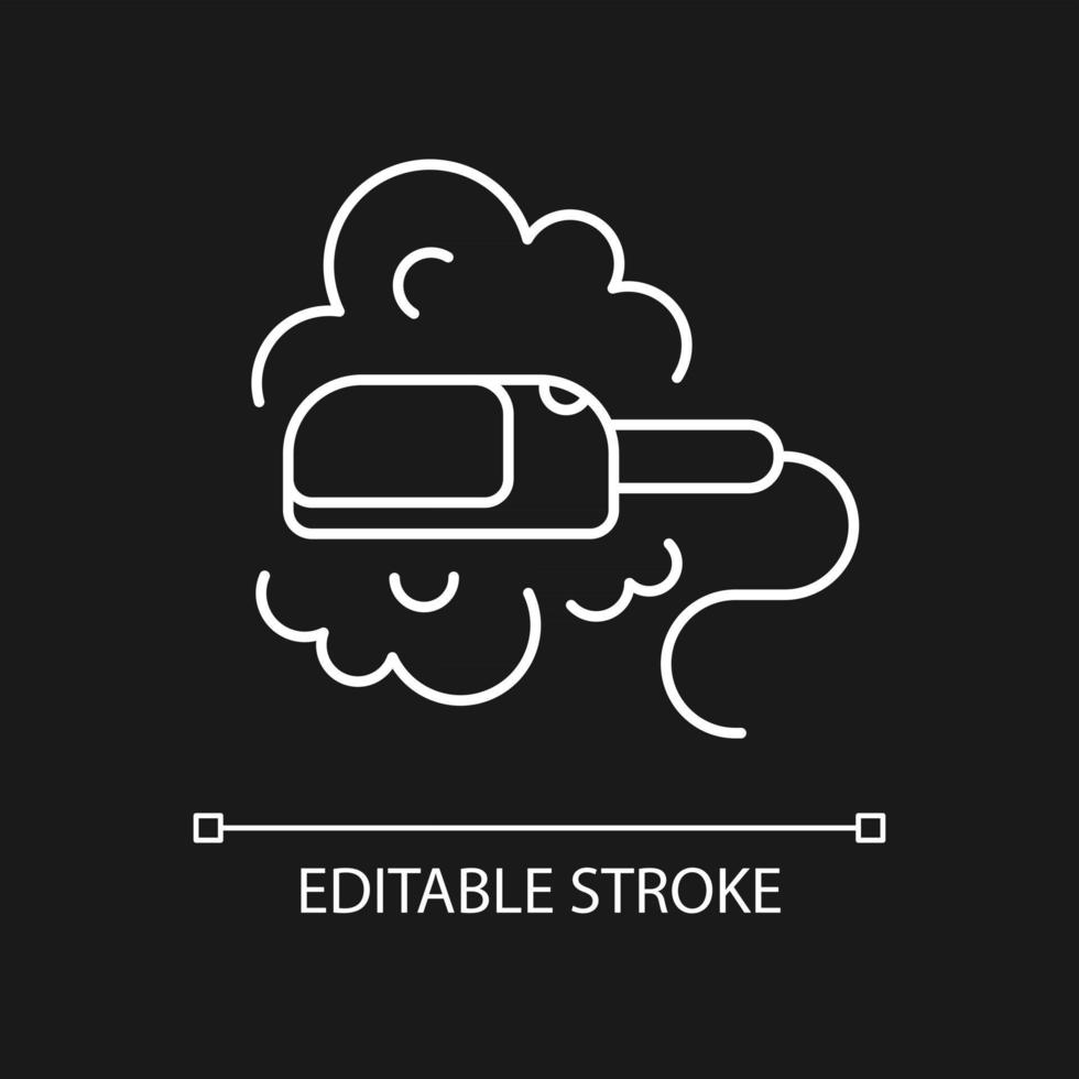 Travel size steam iron white linear icon for dark theme. Compact appliance. Portable device. Thin line customizable illustration. Isolated vector contour symbol for night mode. Editable stroke