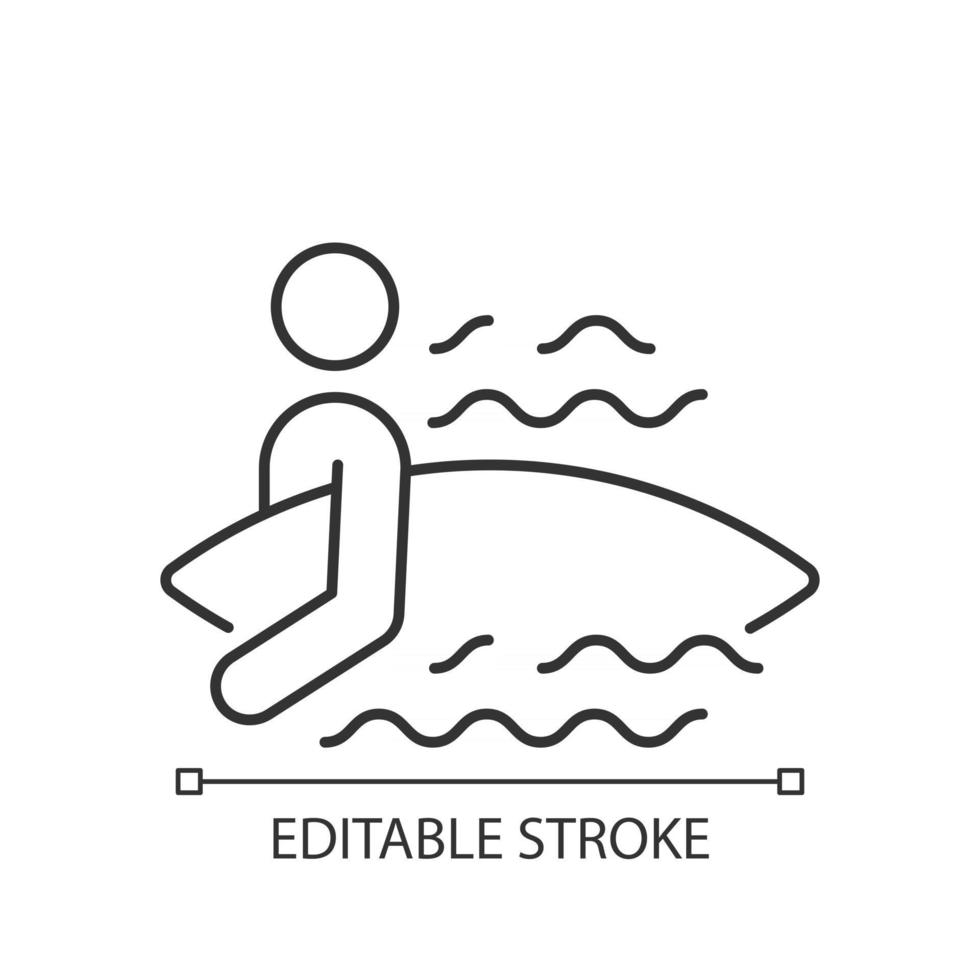 Surfer entering water linear icon. Surfing for first time. Holding board correctly. Thin line customizable illustration. Contour symbol. Vector isolated outline drawing. Editable stroke