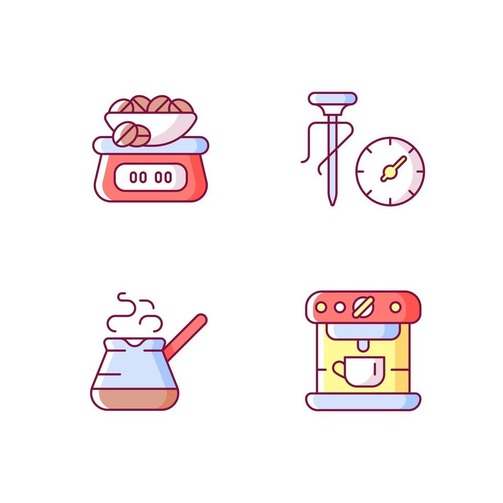 Appliance for coffee preparation RGB color icons set. Weighing scales for beans. Thermometer for temperature. Isolated vector illustrations. Espresso making simple filled line drawings collection