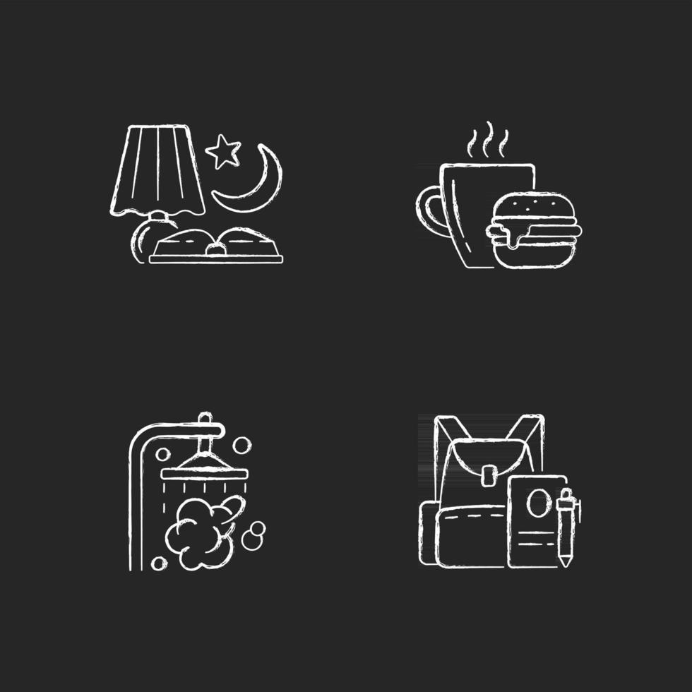 Everyday schedule and routine chalk white icons set on dark background. Evening reading. Shower and bath. School backpack. Daily activities. Isolated vector chalkboard illustrations on black