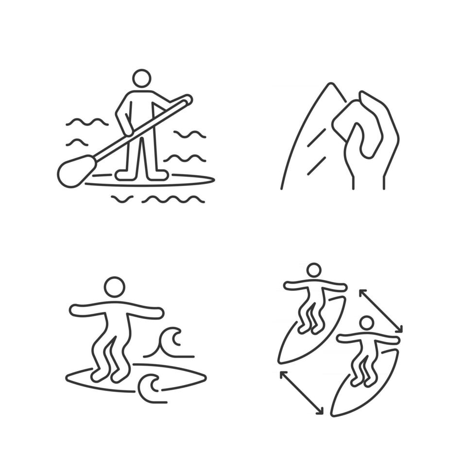 Riding waves in ocean linear icons set. Paddle board surfing. Surfboard wax. Noseriding technique. Customizable thin line contour symbols. Isolated vector outline illustrations. Editable stroke