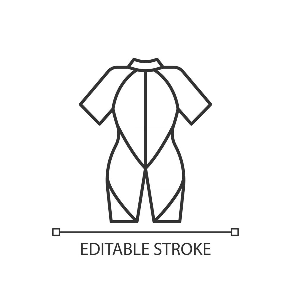 Wetsuit linear icon. Special suit for spending time in water. Keep warmth. Stretchy material. Thin line customizable illustration. Contour symbol. Vector isolated outline drawing. Editable stroke