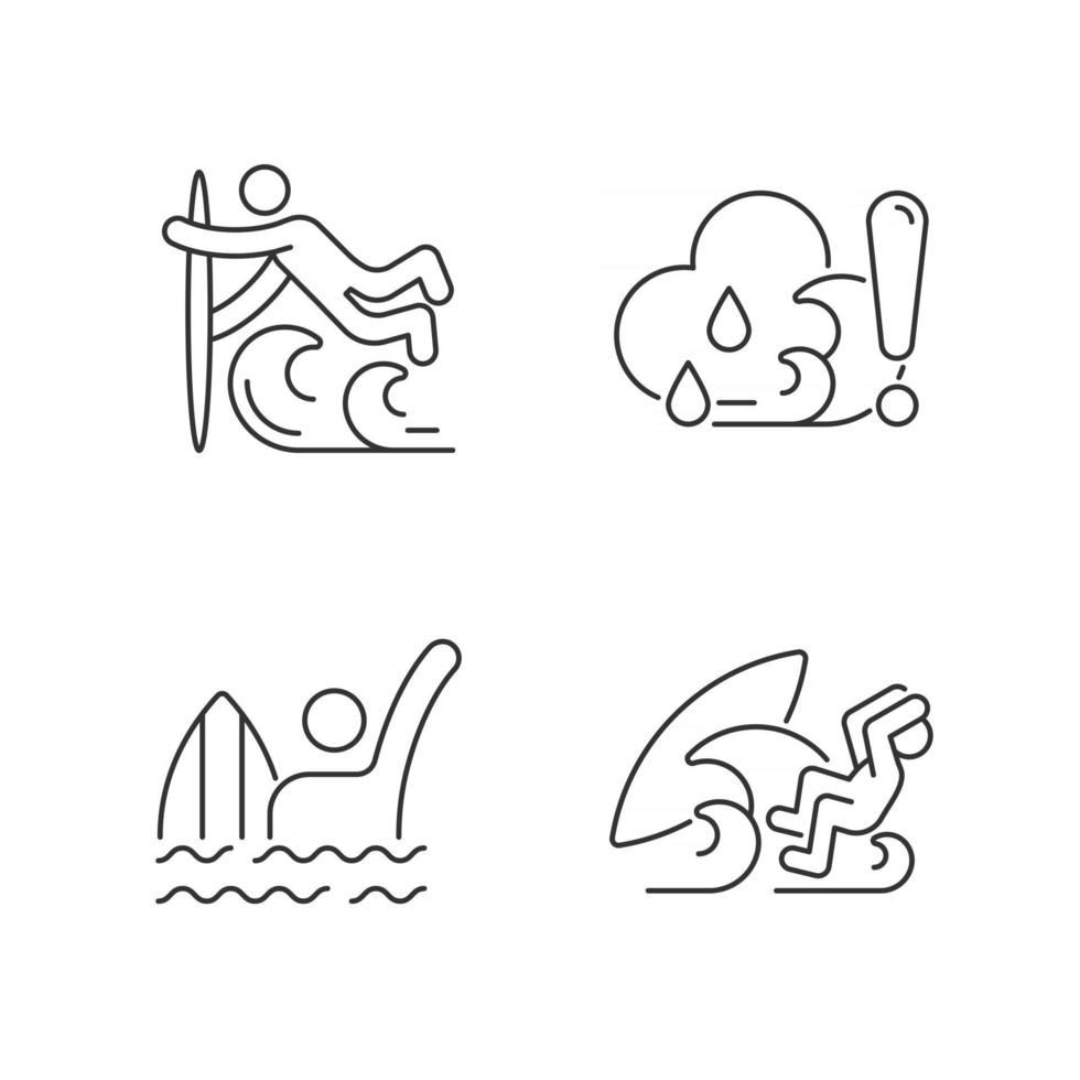 Water sports linear icons set. Superman surfing technique. Checking weather. Emergency signal. Customizable thin line contour symbols. Isolated vector outline illustrations. Editable stroke