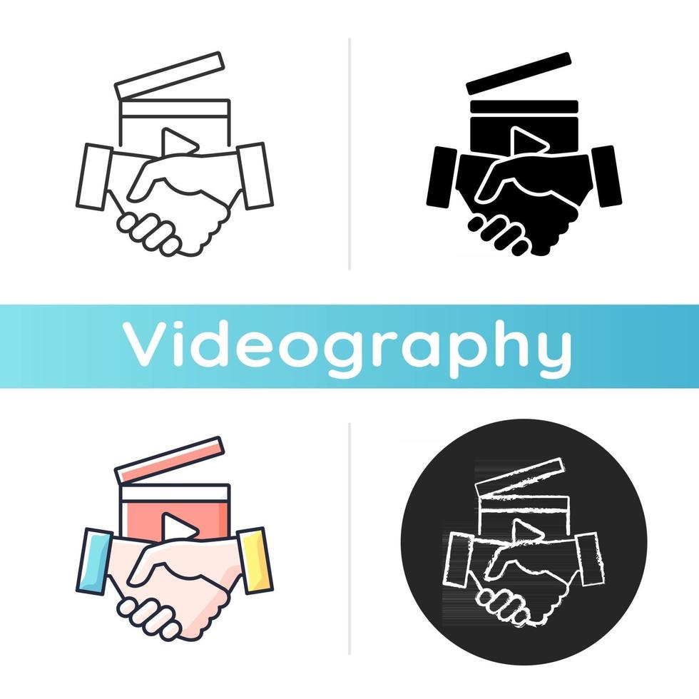 Business to Business videos icon. B2B service in filmmaking industry. Shooting professional content for company. Videography. Linear black and RGB color styles. Isolated vector illustrations