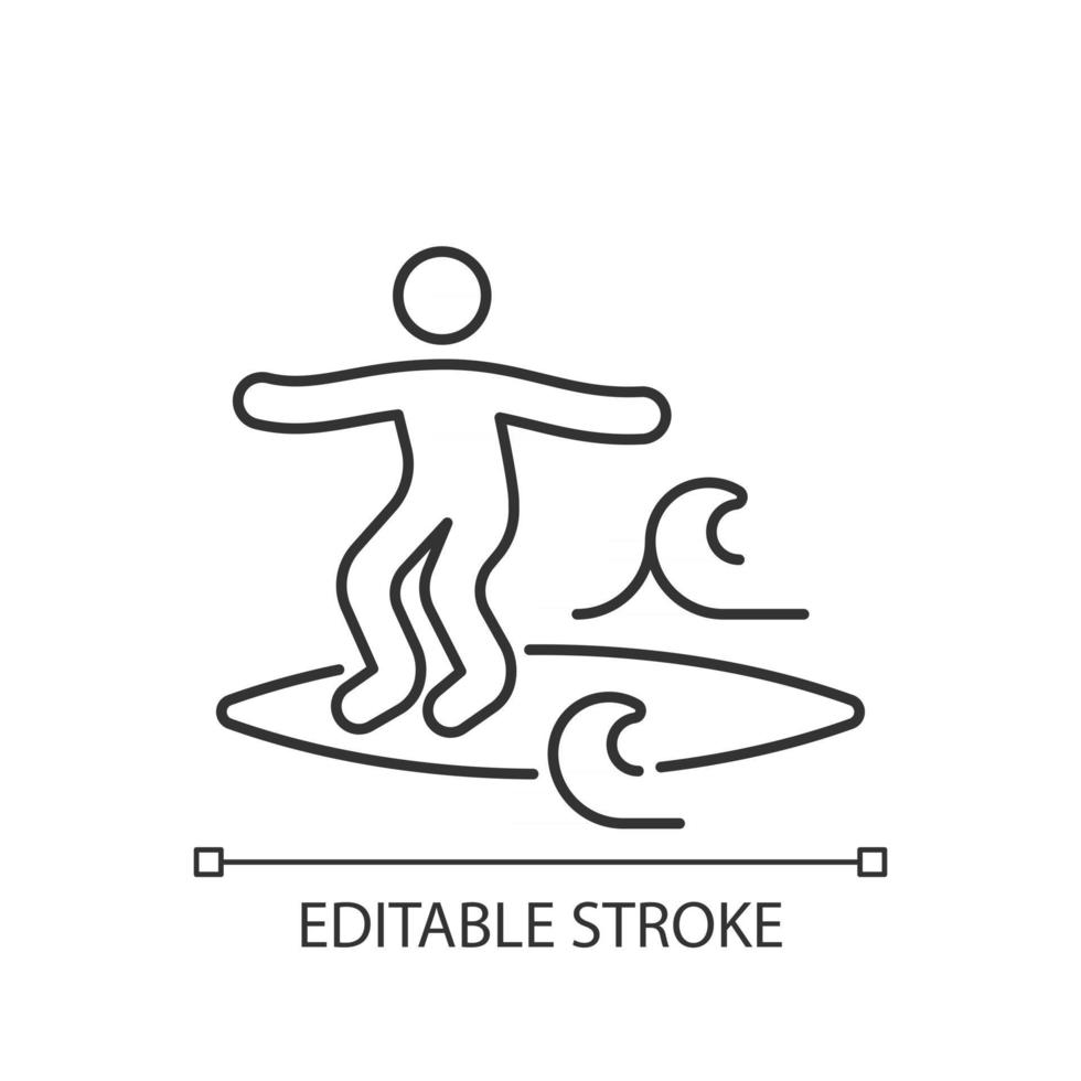 Noseriding surfing technique linear icon. Maneuver on head-high waves. Cross-stepping trick. Thin line customizable illustration. Contour symbol. Vector isolated outline drawing. Editable stroke