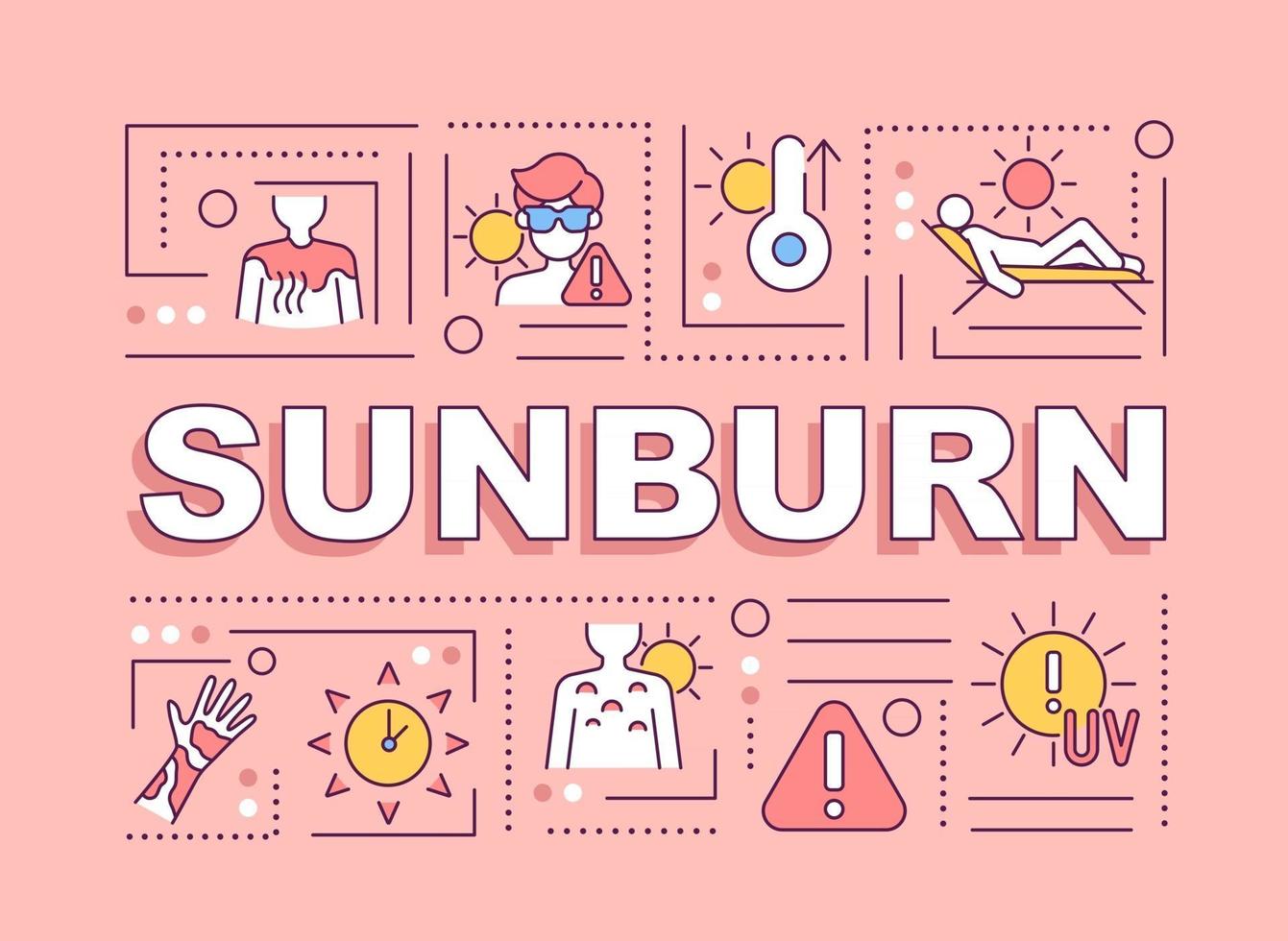 Sunburn word concepts banner. Sun exposure. Inflammatory reaction. Infographics with linear icons on pink background. Isolated creative typography. Vector outline color illustration with text