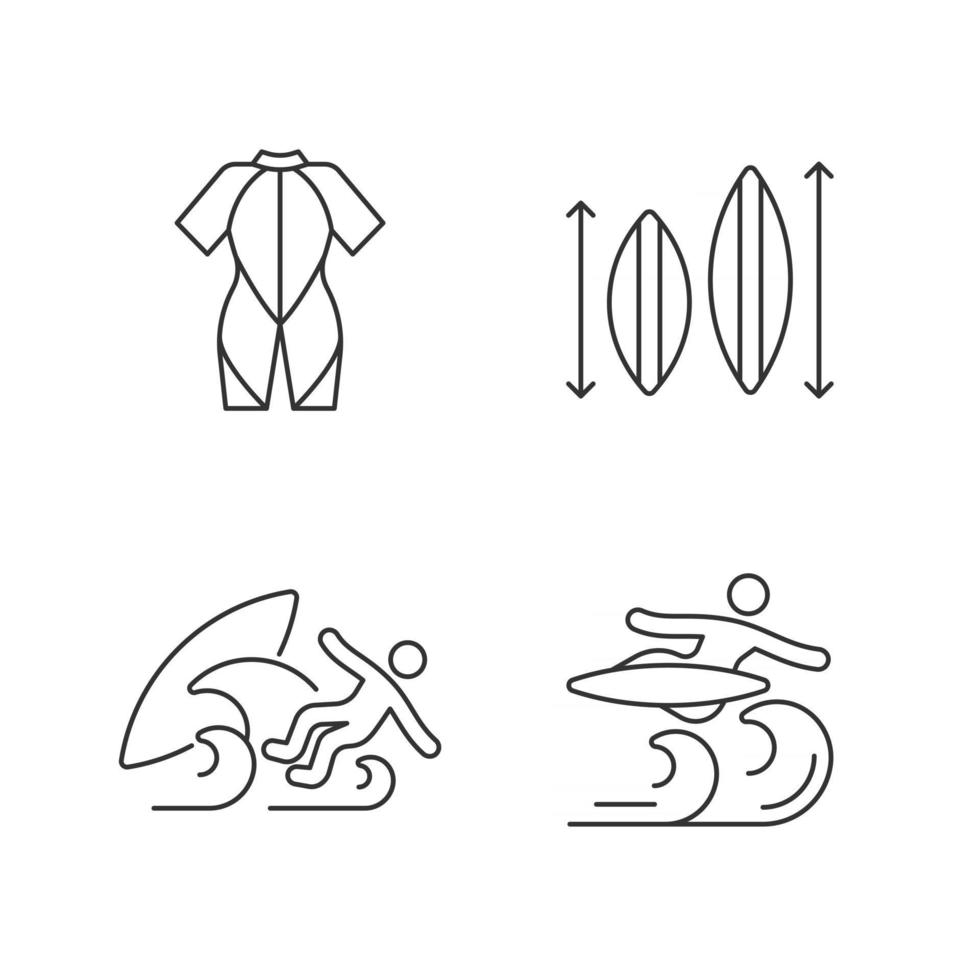 Surf riding linear icons set. Wetsuit. Choosing surfboard size. Surf wipeout. Flight maneuver. Customizable thin line contour symbols. Isolated vector outline illustrations. Editable stroke