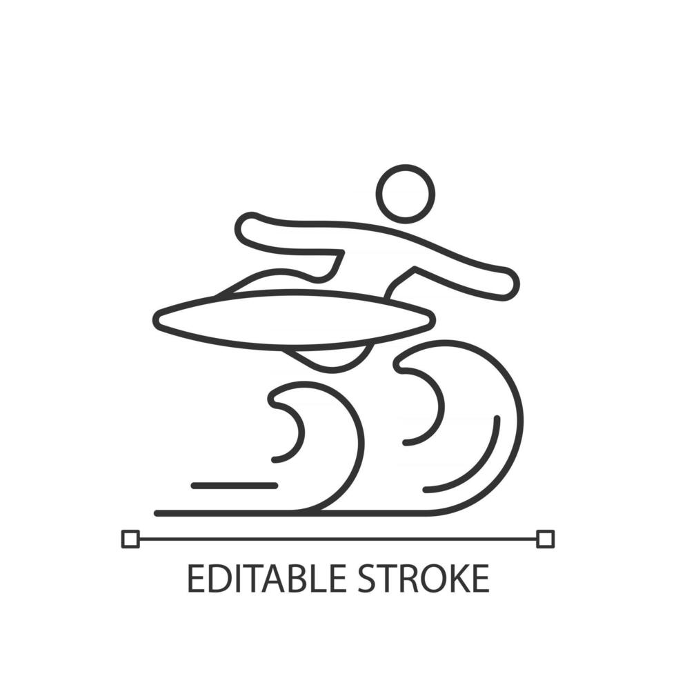 Air surfing technique linear icon. Flight maneuver. Flying above wave. Backward aerial rotation. Thin line customizable illustration. Contour symbol. Vector isolated outline drawing. Editable stroke