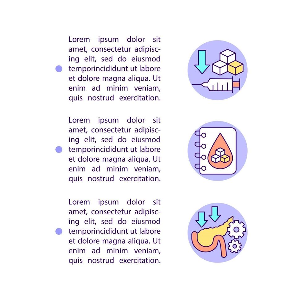Diabetes treatment concept line icons with text. PPT page vector template with copy space. Brochure, magazine, newsletter design element. Types of illness linear illustrations on white