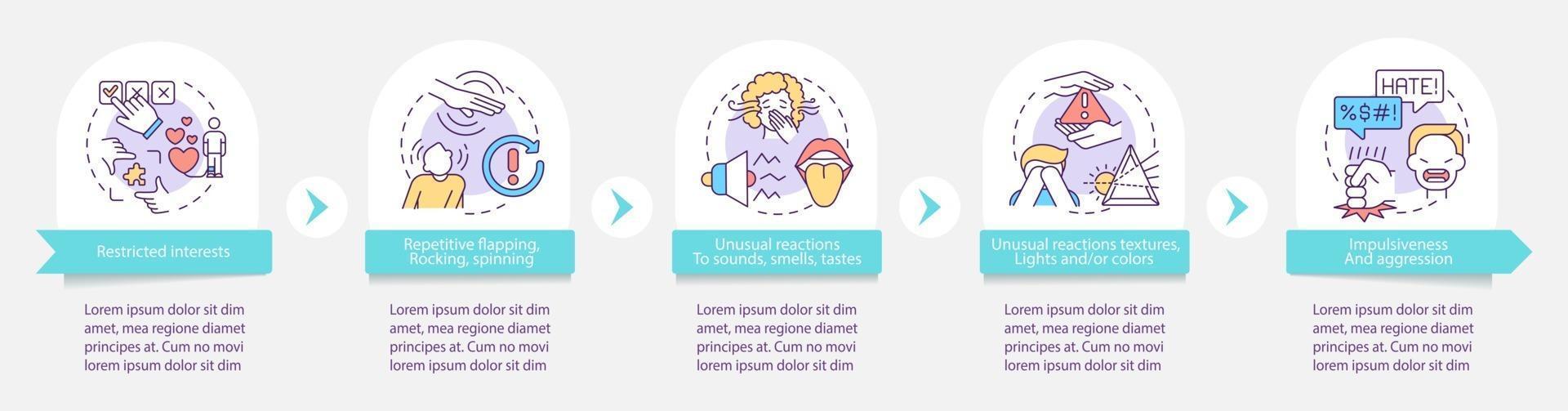 ASD symptoms vector infographic template. Restricted interests presentation outline design elements. Data visualization with 5 steps. Process timeline info chart. Workflow layout with line icons